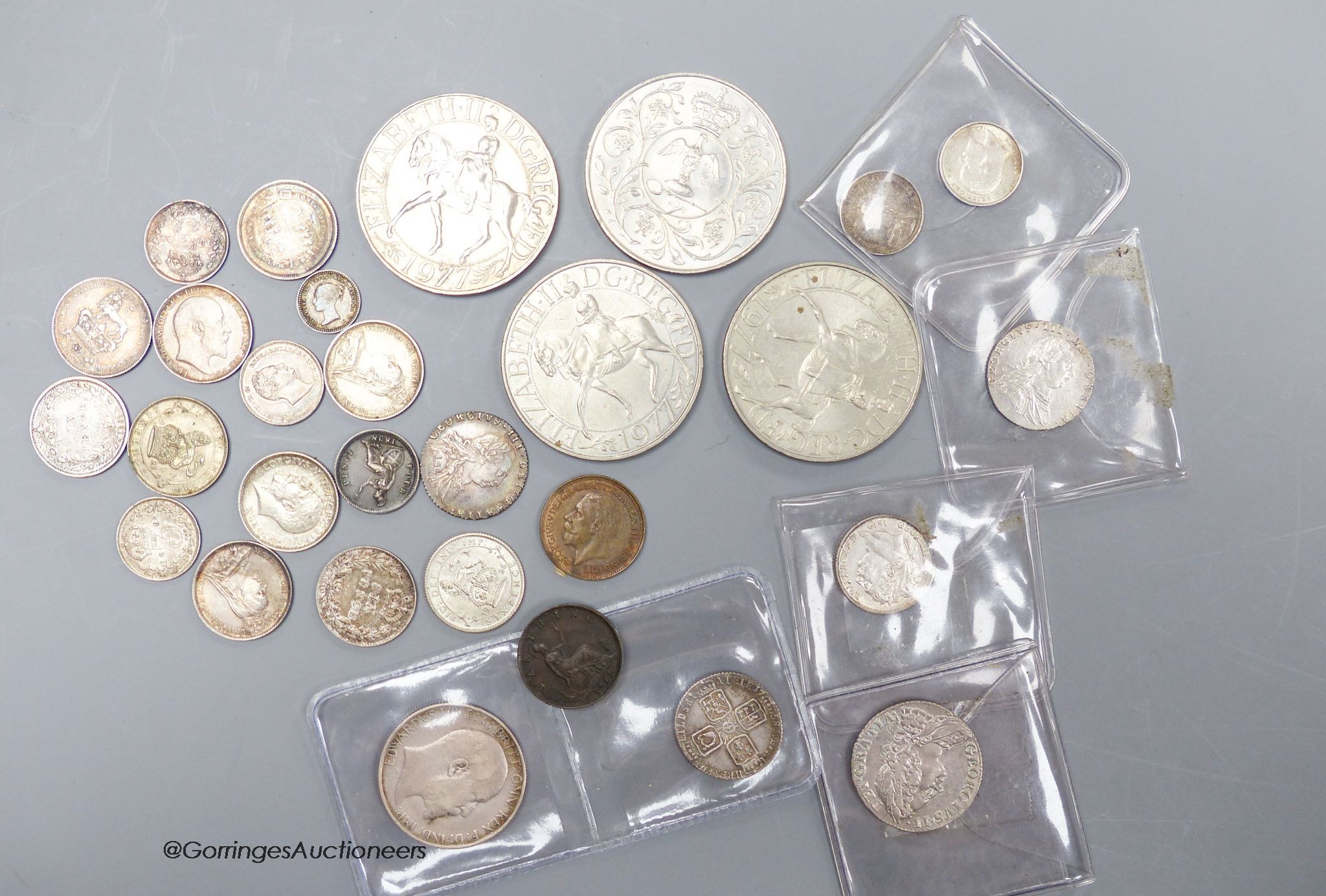 A group of UK silver coins, George II to George V, including a 1758 shilling, VF, various sixpence and threepence coins and other coinage